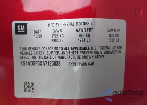2010 Chevrolet Cobalt Lt from USA, damaged, VIN 1G1AD5F5XA7125033